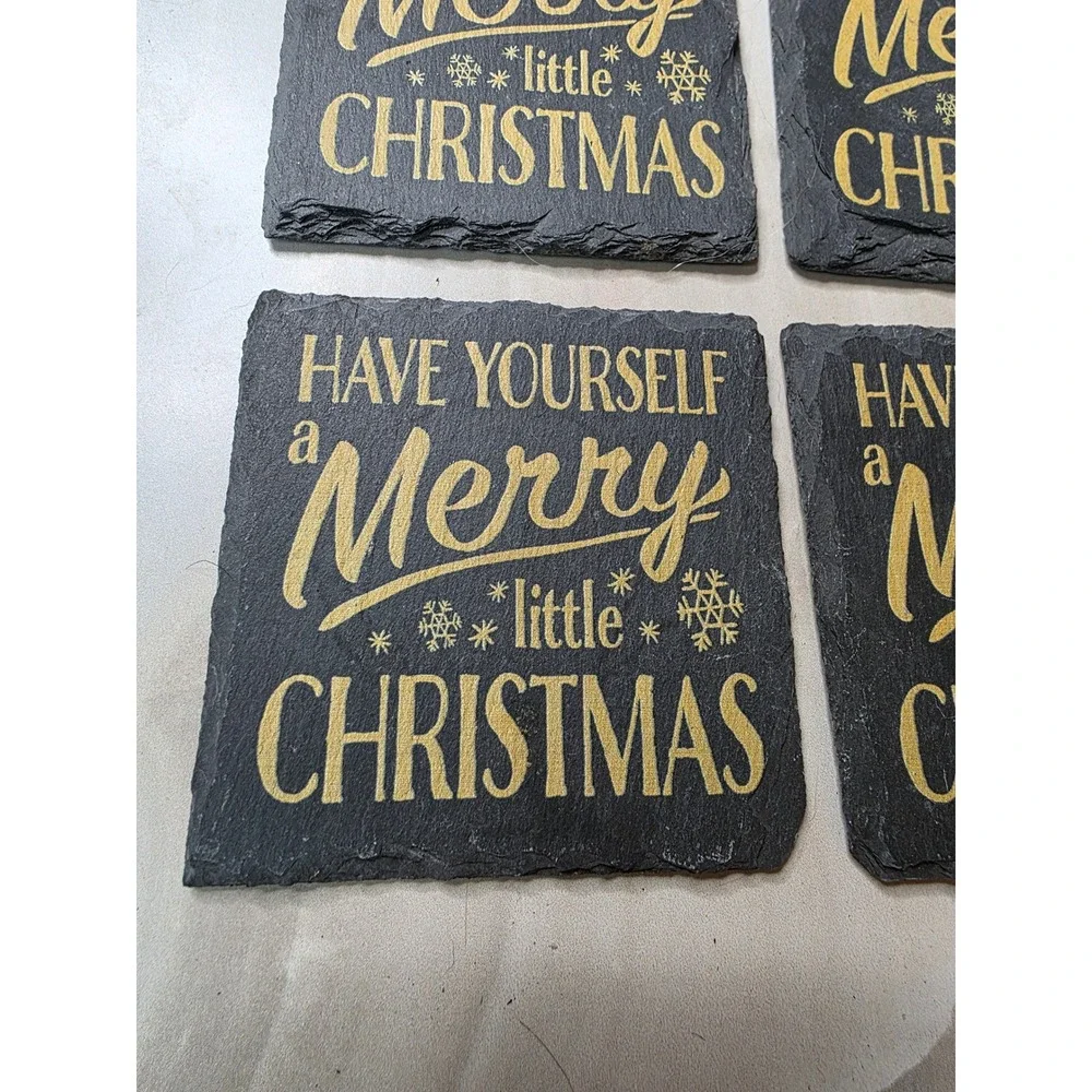 Merry Little Christmas Slate Coasters Set of 4 Black Gold Holiday Decor 4x4 G3